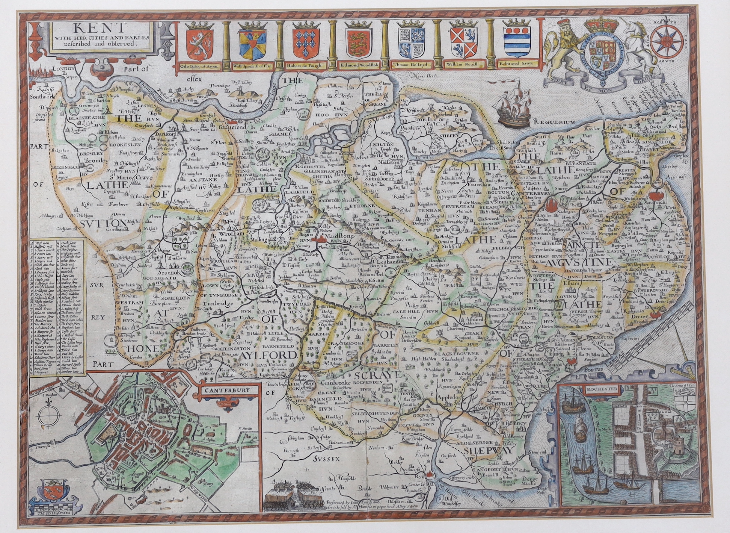 John Speede (1552-1629) Antique hand coloured Map of Kent with her Cities and Earles, publ. G. Humble, The Parker Gallery label verso, 49 x 37cm